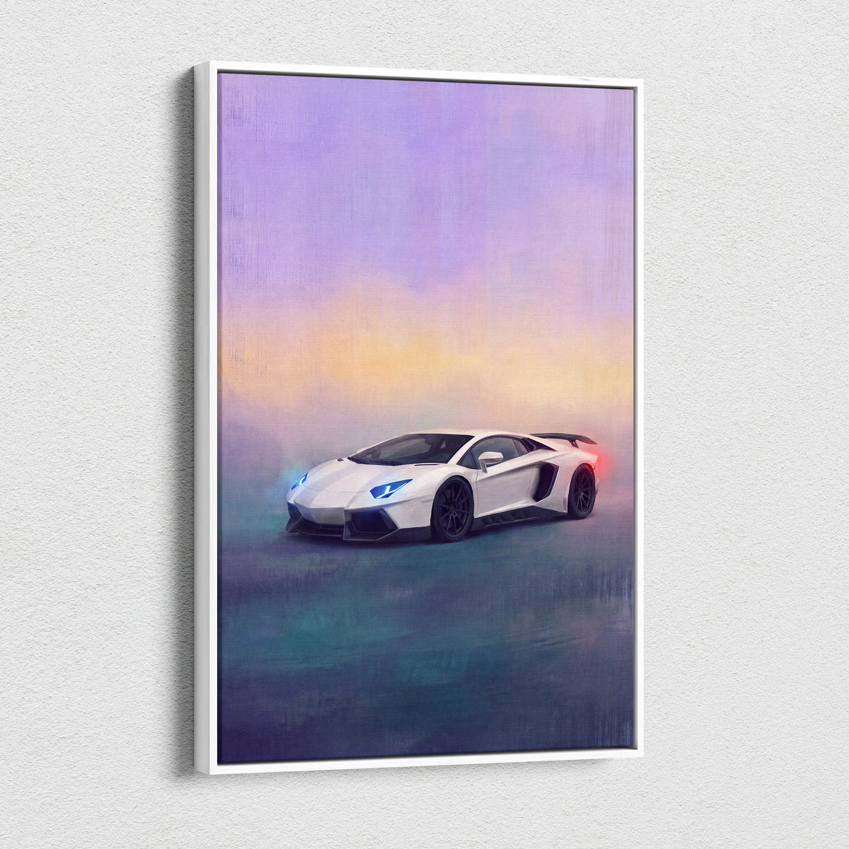 Lamborghini Aventador SVJ inspired automotive wall art featuring a white sports car with glowing headlights on canvas