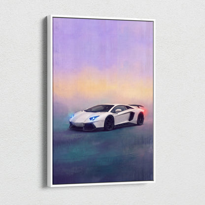 Lamborghini Aventador SVJ inspired automotive wall art featuring a white sports car with glowing headlights on canvas