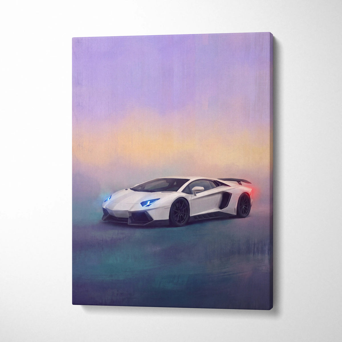 White Lamborghini Aventador SVJ inspired canvas print with glowing blue headlights and purple orange gradient sky background