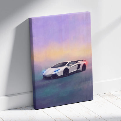 White lamborghini aventador svj inspired luxury supercar canvas print with glowing blue headlights and sunset backdrop