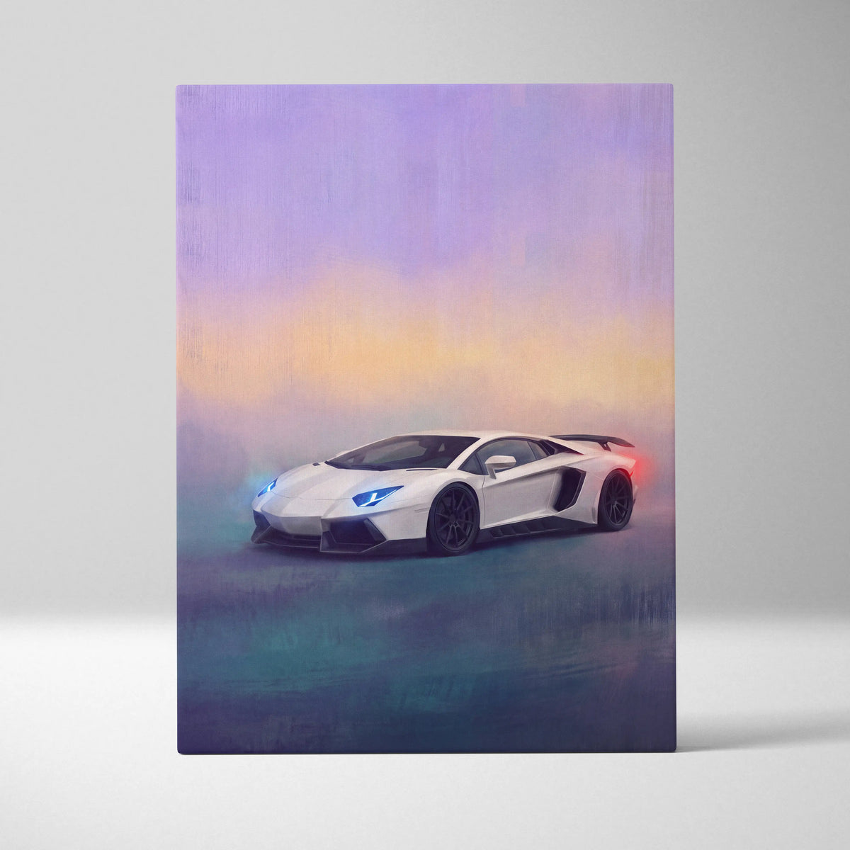 Lamborghini aventador svj inspired automotive wall art featuring a white sports car with glowing blue headlights and red taillights