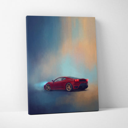 Red Ferrari F430 inspired supercar canvas art with dynamic smoky design on stretched wall art print