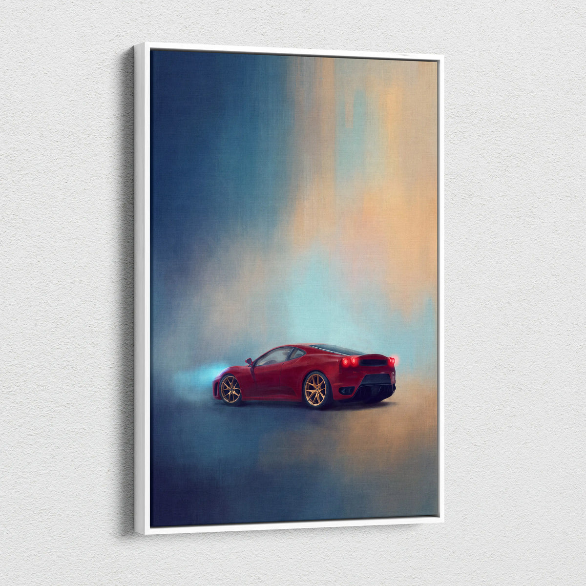 Red ferrari f430 inspired supercar canvas art featuring a stylized sports car painting in a white frame