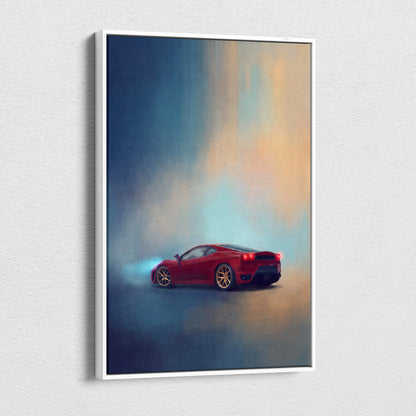Red ferrari f430 inspired supercar canvas art featuring a stylized sports car painting in a white frame