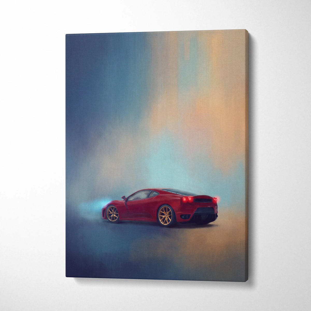 Ferrari F430 inspired red sports car canvas print with gold rims and smoky background custom wall art