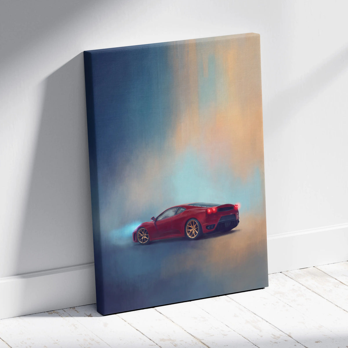Ferrari f430 inspired supercar canvas art featuring red sports car with gold rims and stylized smoke on blue to orange background