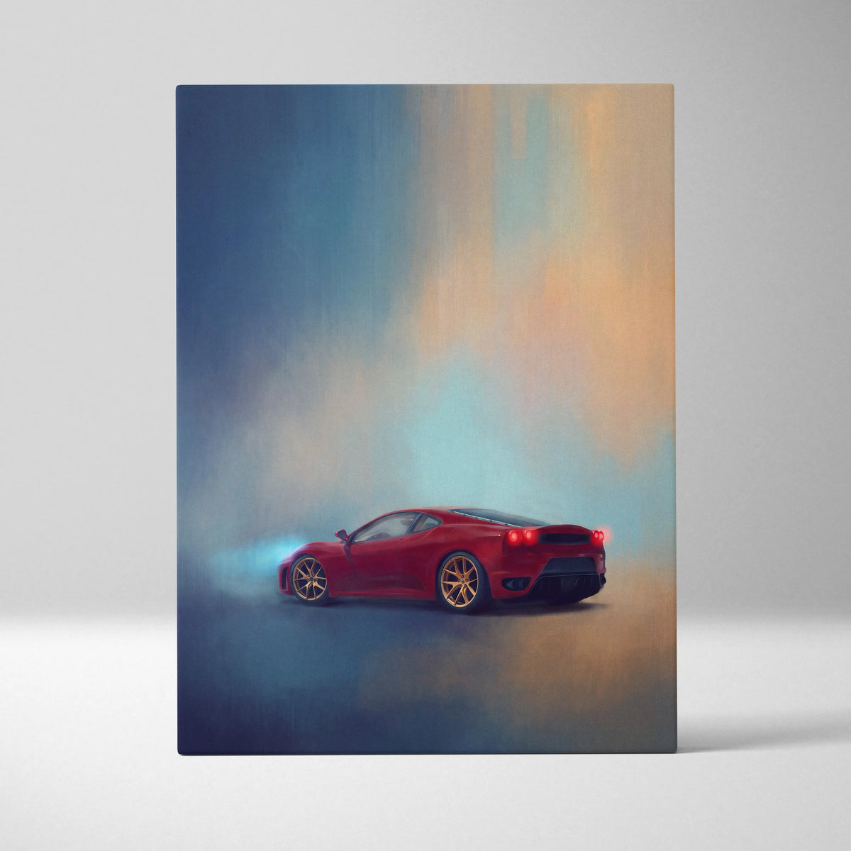 Red ferrari sports car with gold rims in a stylized atmospheric painting on canvas car wall art print