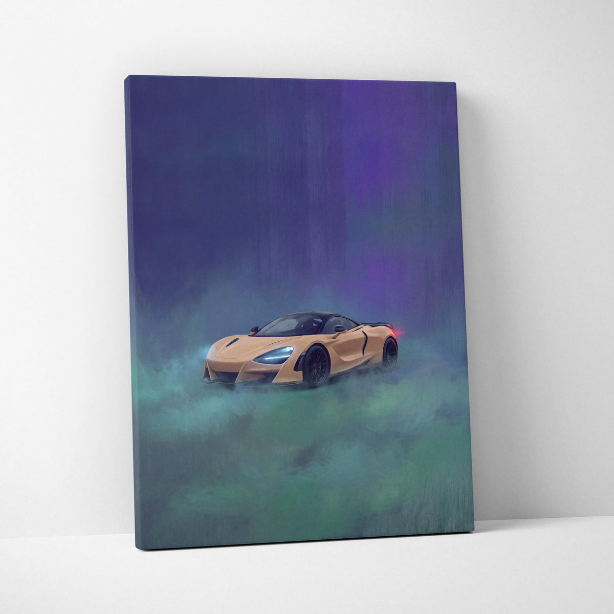 A canvas print of a tan McLaren 720S in mist with vibrant purple and teal hues premium automotive wall decor
