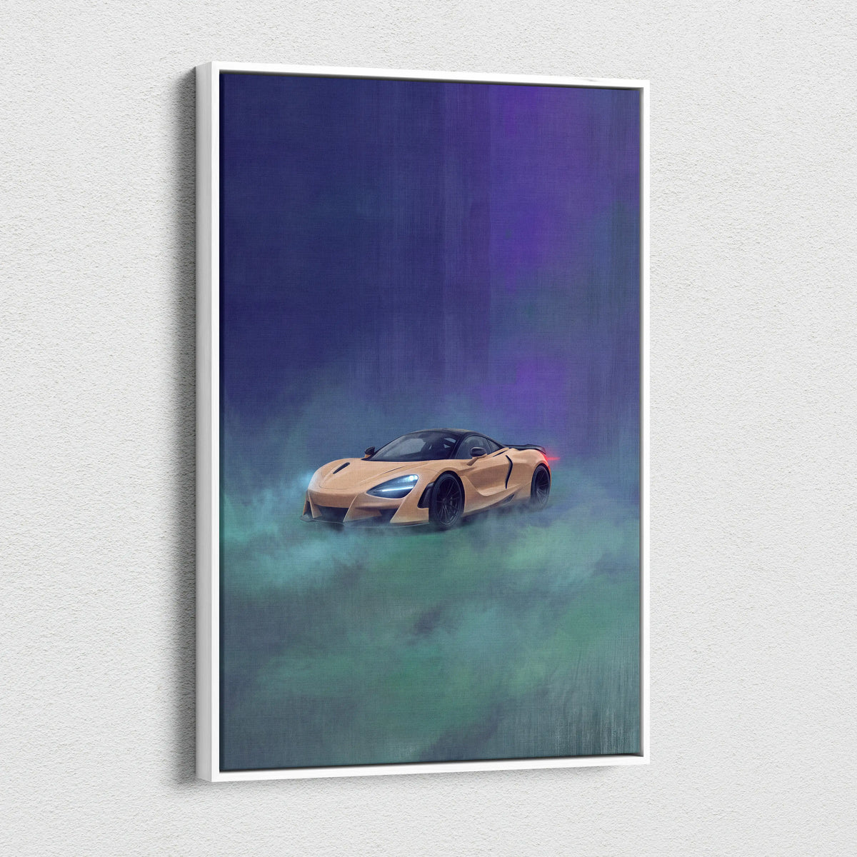 McLaren 720S inspired canvas art featuring a sleek golden sports car illustration framed in white for wall decor