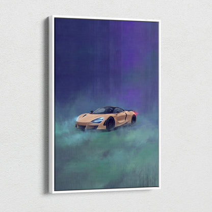 McLaren 720S inspired canvas art featuring a sleek golden sports car illustration framed in white for wall decor