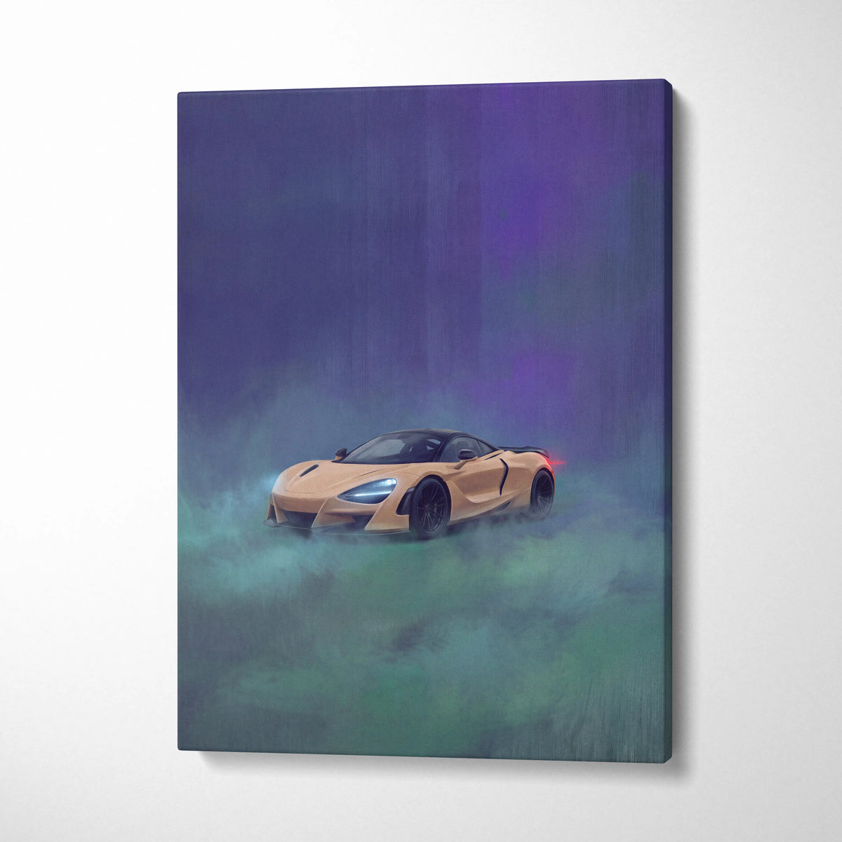 A premium canvas print of a tan mclaren 720s with black accents and glowing blue headlights in motion through mist