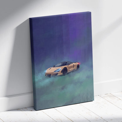 A canvas print of a tan McLaren 720S speeding through mist under a vibrant purple and teal sky wall decor