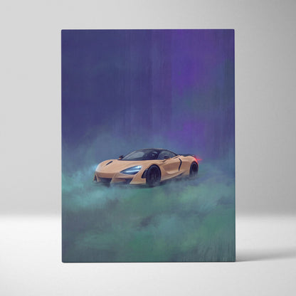 McLaren 720s inspired canvas art featuring a sleek tan sports car with glowing headlights and misty surroundings
