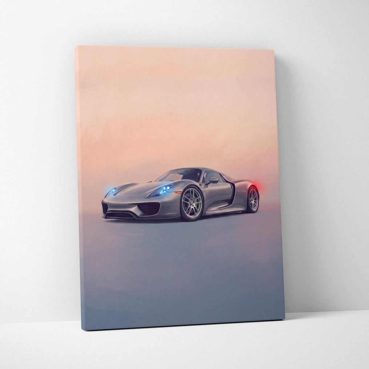 Gray porsche 918 spyder canvas painting print with glowing blue headlights and red taillights at sunset sky