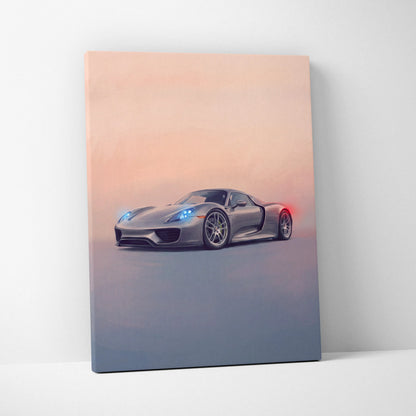 Gray porsche 918 spyder canvas painting print with glowing blue headlights and red taillights at sunset sky