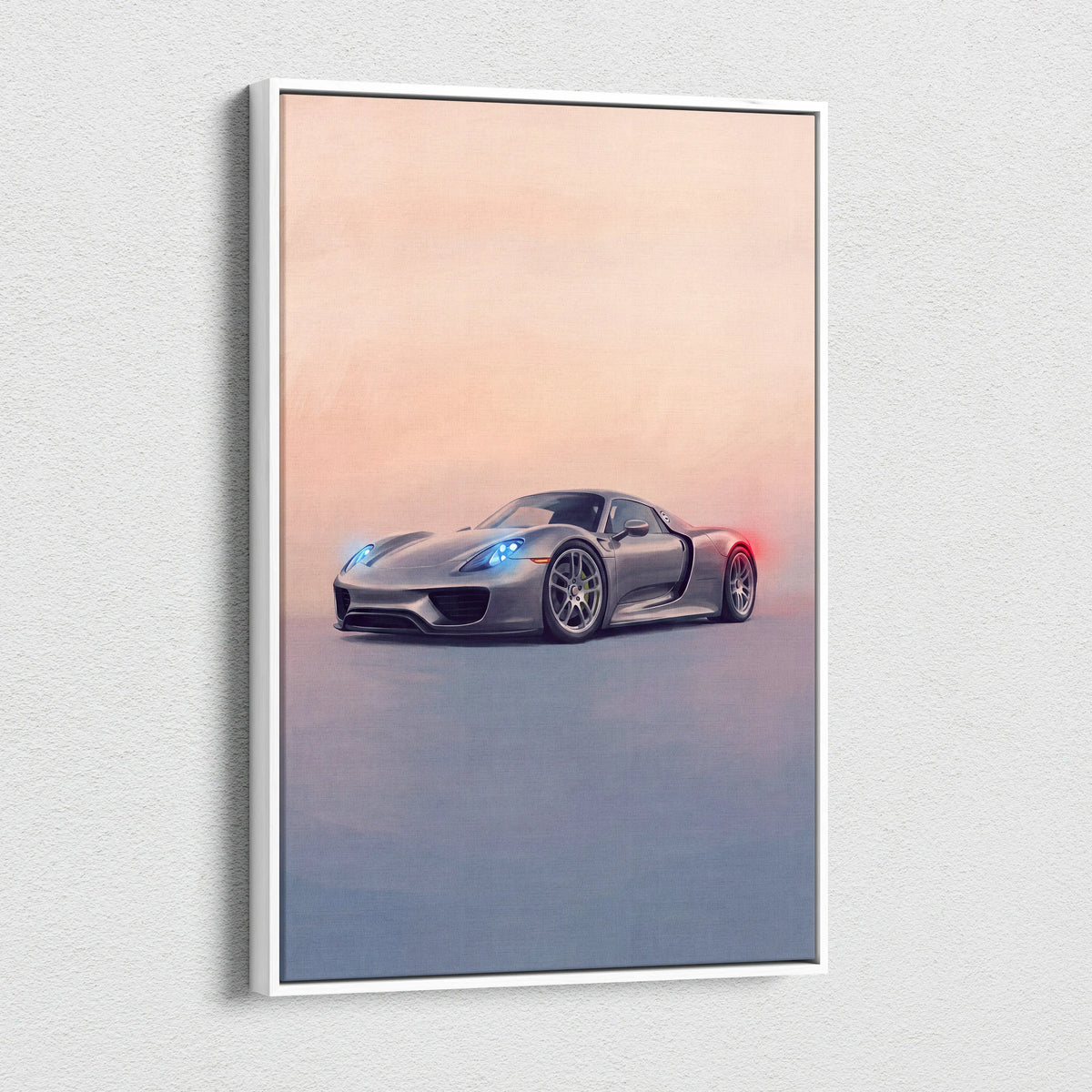 Silver porsche 918 spyder sports car illustration in white frame on canvas painting print wall art track edition