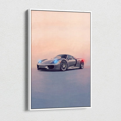 Silver porsche 918 spyder sports car illustration in white frame on canvas painting print wall art track edition
