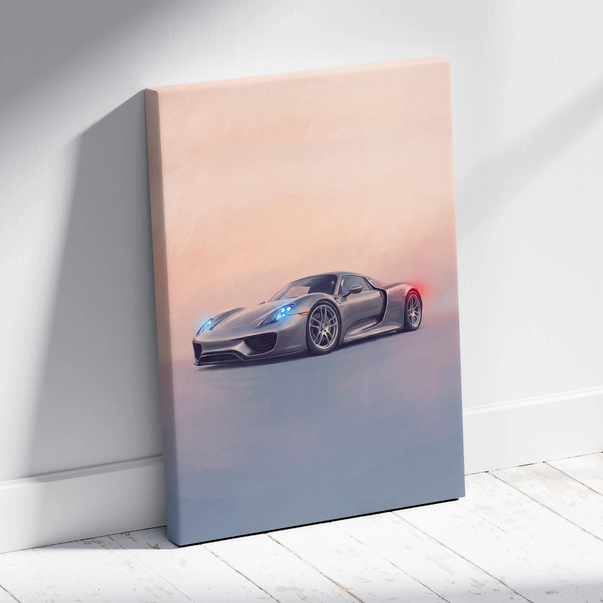 Gray Porsche 918 Spyder canvas print with glowing blue headlights and red taillights against gradient sky wall art