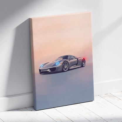 Gray Porsche 918 Spyder canvas print with glowing blue headlights and red taillights against gradient sky wall art
