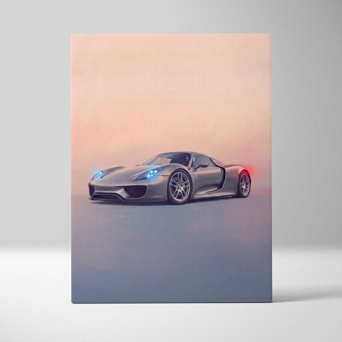 Silver porsche 918 spyder inspired car wall art canvas print with glowing blue headlights and red taillights
