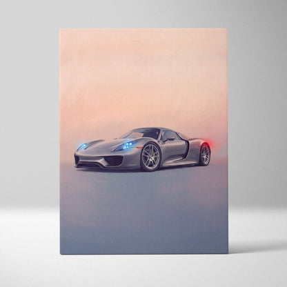Silver porsche 918 spyder inspired car wall art canvas print with glowing blue headlights and red taillights