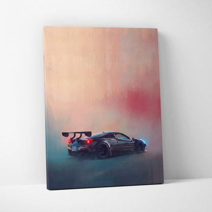 Ferrari 458 italia inspired supercar canvas art featuring a sleek black sports car with glowing red taillights on peach sky