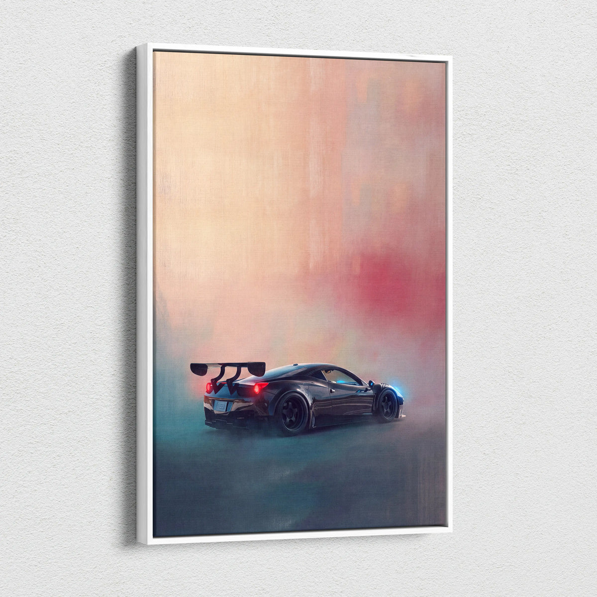 Black ferrari 458 italia inspired sports car canvas art with glowing red taillights and blue underglow in drift pose