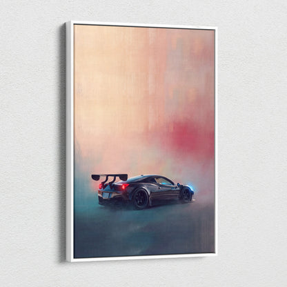 Black ferrari 458 italia inspired sports car canvas art with glowing red taillights and blue underglow in drift pose