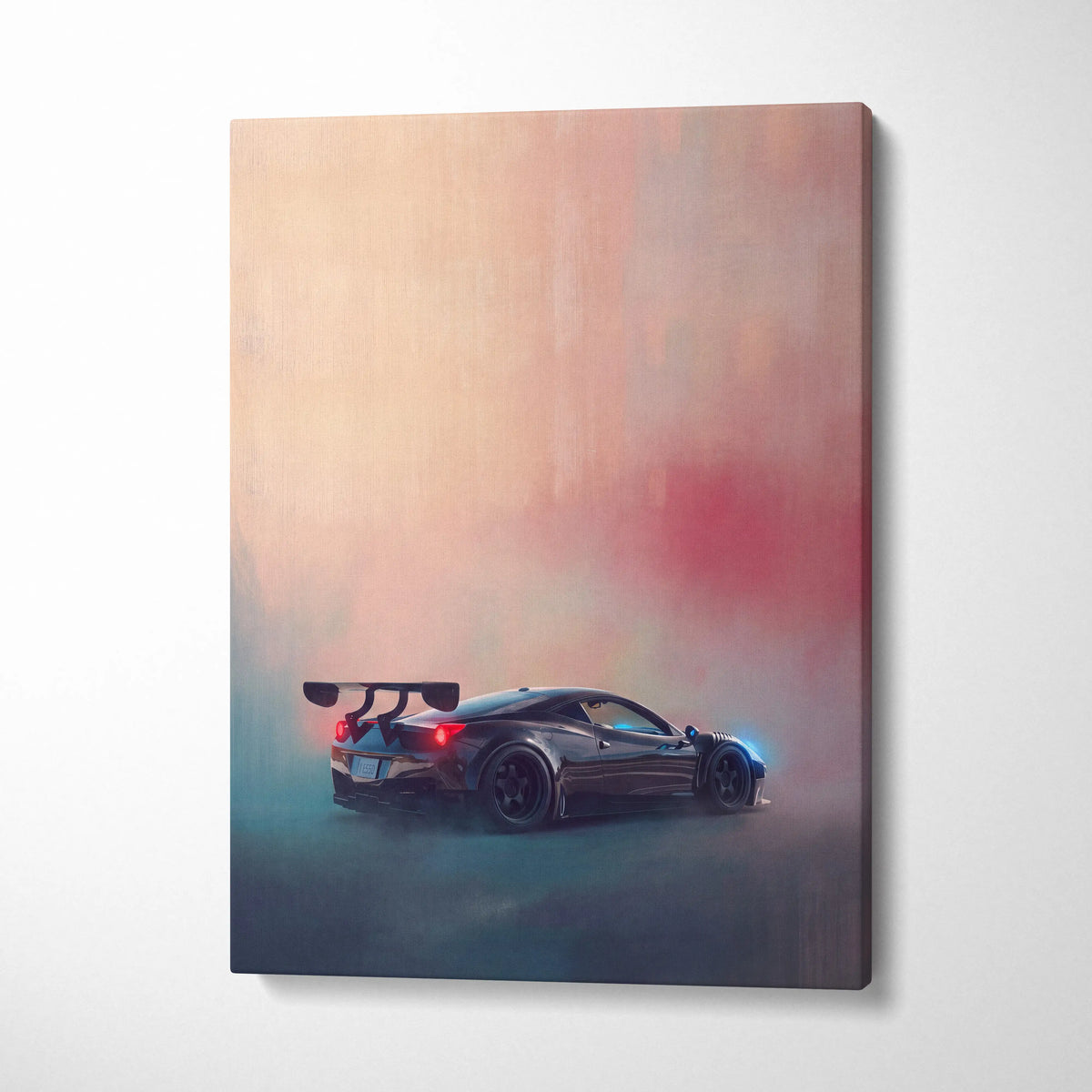 Black Ferrari 458 Italia inspired supercar canvas art print featuring rear view with prominent spoiler and glowing taillights