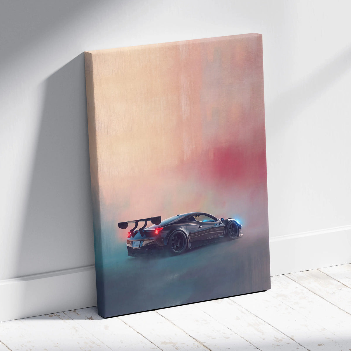 Ferrari 458 italia inspired supercar canvas art featuring sleek black car with blue and red accents on peach pink sky background