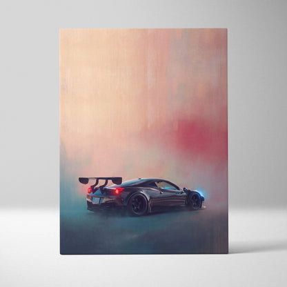 Black matte Ferrari 458 Italia inspired supercar canvas art featuring rear spoiler and glowing red taillights against gradient sky