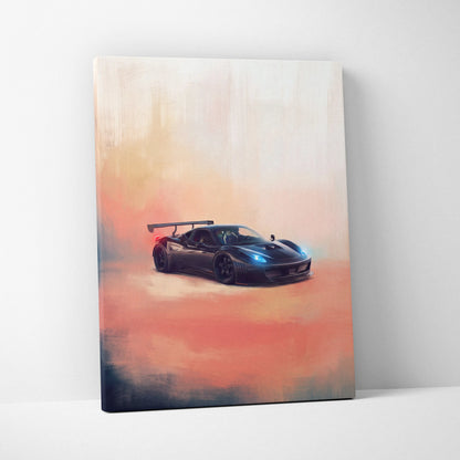 Black sports car canvas print featuring sleek aerodynamic design with blue headlights and rear spoiler for wall decor