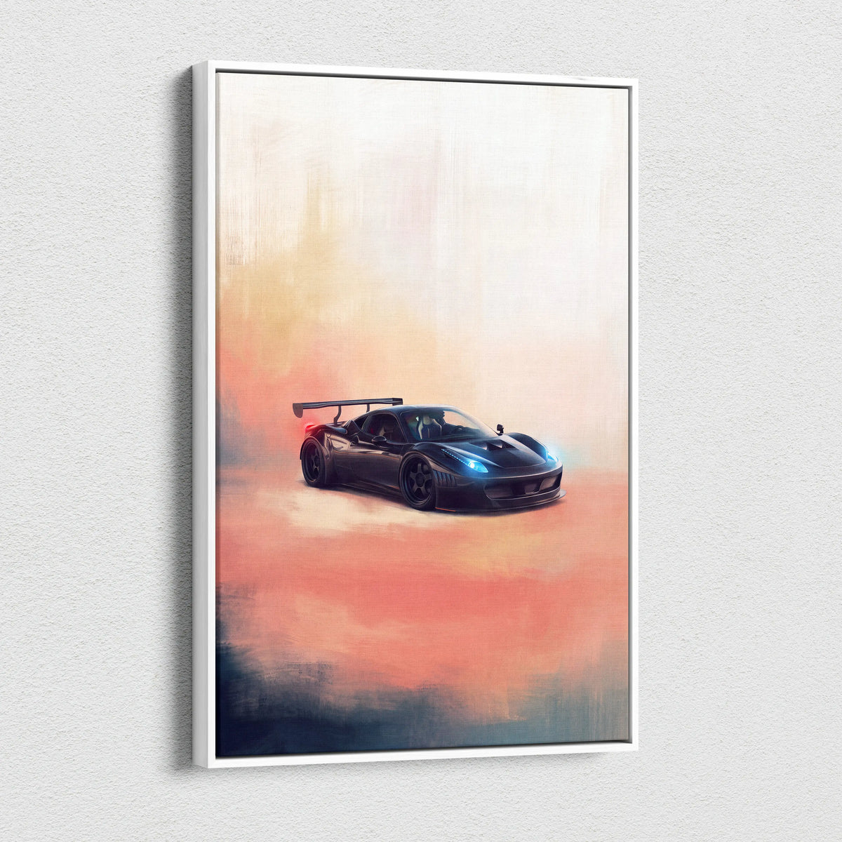 Ferrari 458 italia inspired canvas art featuring a black sports car with glowing blue headlights and rear spoiler in a white frame
