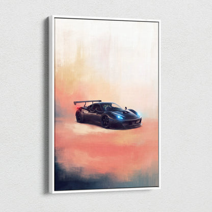 Ferrari 458 italia inspired canvas art featuring a black sports car with glowing blue headlights and rear spoiler in a white frame