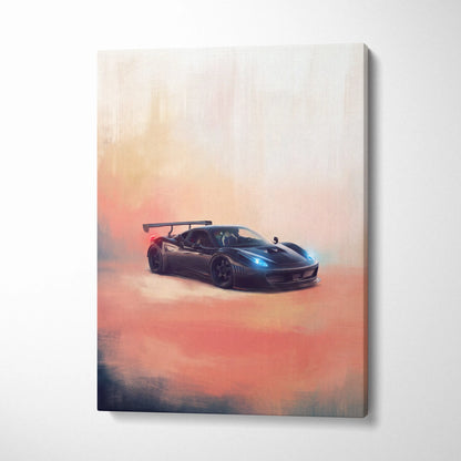 Black Ferrari 458 Italia inspired canvas art with glowing blue headlights and rear spoiler on abstract orange background