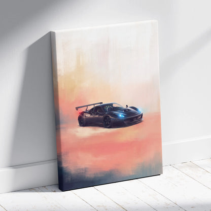 Ferrari 458 italia inspired black sports car canvas art with blue headlights and rear wing premium wall decor