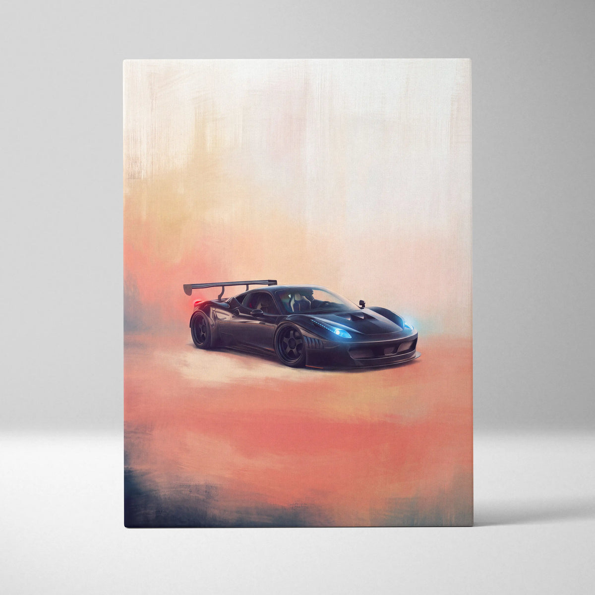 Black Ferrari 458 Italia inspired canvas art featuring glowing blue headlights and rear spoiler on a warm gradient background