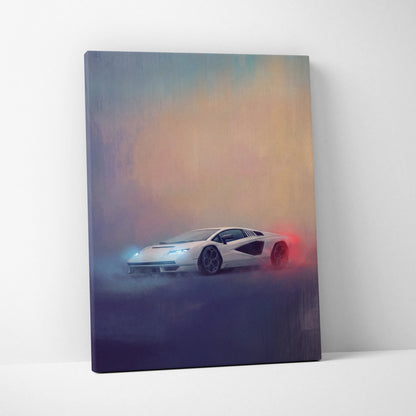 White Lamborghini Countach LPI 800-4 inspired car wall art canvas print with glowing headlights and red taillights