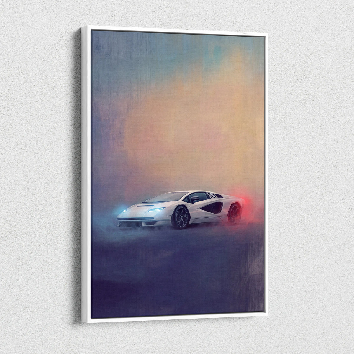 White framed canvas print of a futuristic lamborghini countach lpi 800-4 inspired sports car with glowing lights
