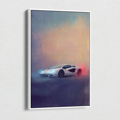 White framed canvas print of a futuristic lamborghini countach lpi 800-4 inspired sports car with glowing lights
