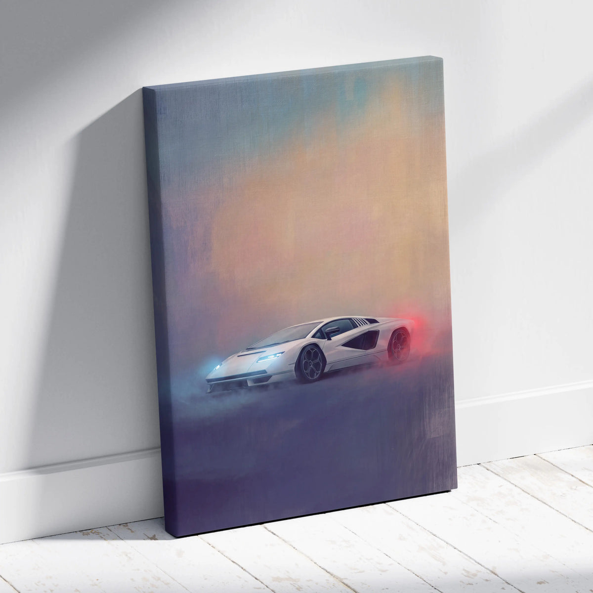 White lamborghini countach lpi 800-4 inspired canvas print featuring sleek sports car with glowing blue and red lights