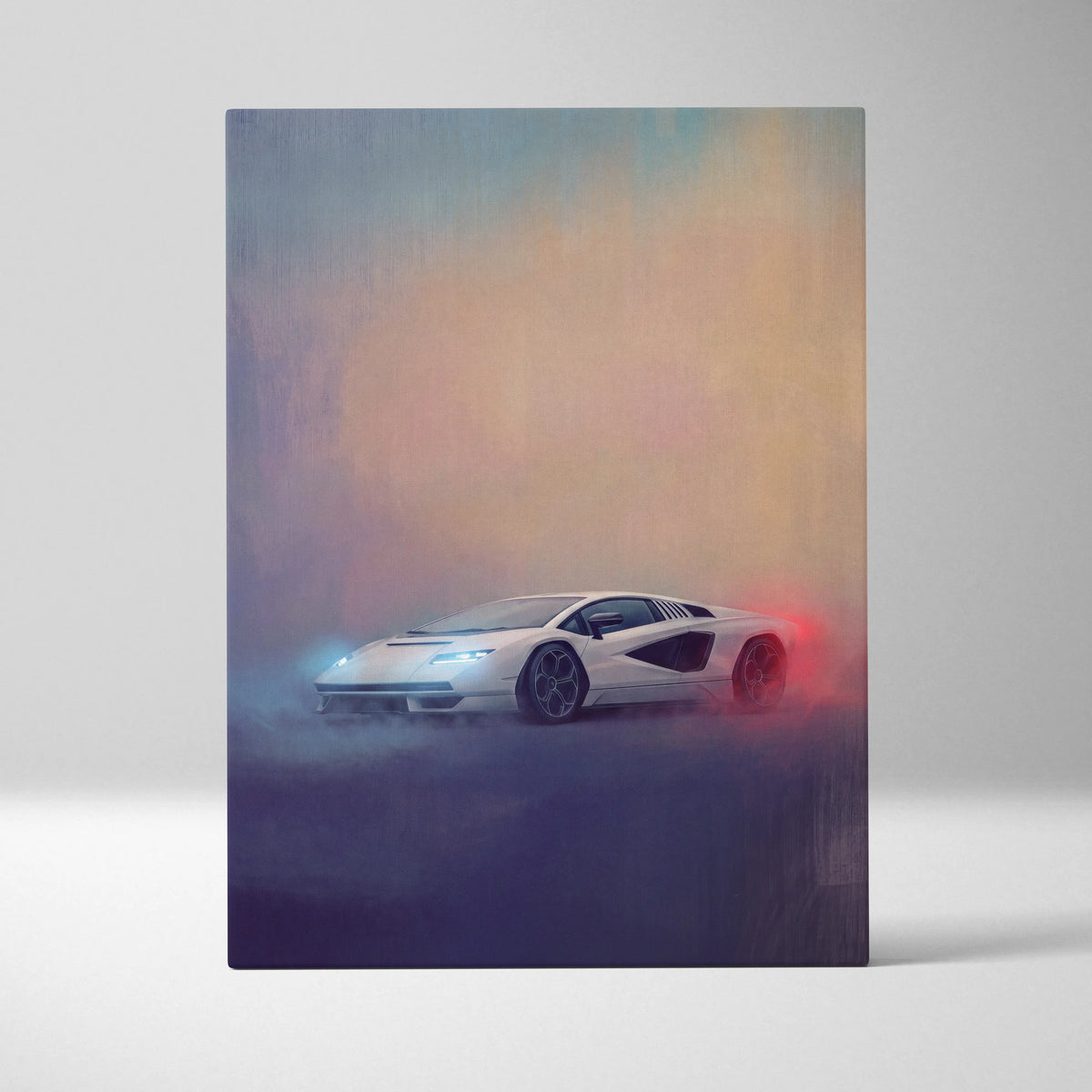 White Lamborghini Countach LPI 800-4 sports car wall art with glowing blue and red lights on canvas print