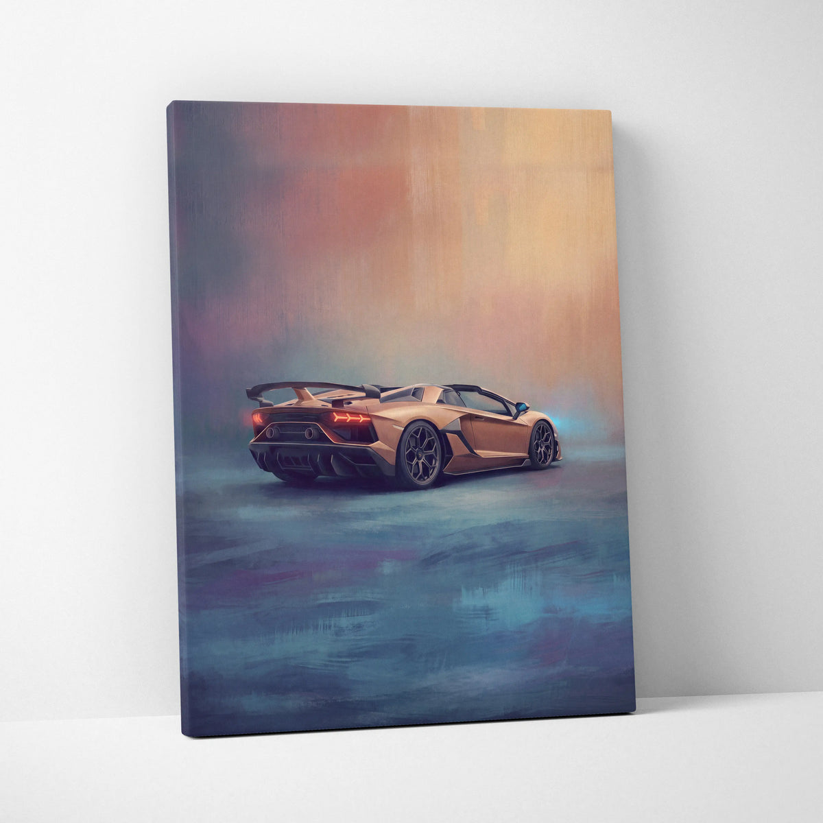 Lamborghini Aventador SVJ Roadster inspired canvas print featuring a golden sports car with glowing red taillights and black rims