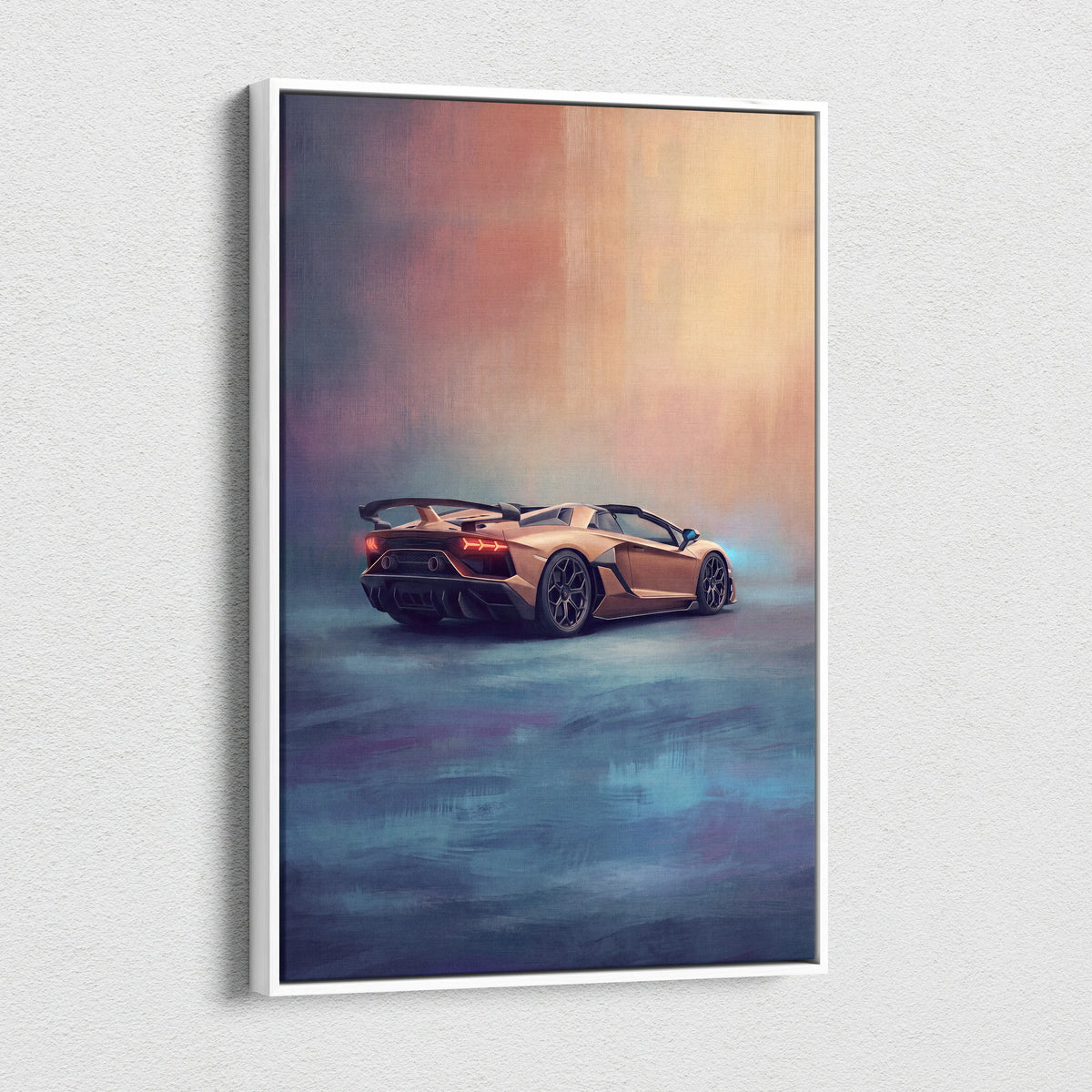 A framed canvas print of a golden lamborghini aventador svj roadster with glowing red taillights on abstract background