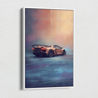 A framed canvas print of a golden lamborghini aventador svj roadster with glowing red taillights on abstract background