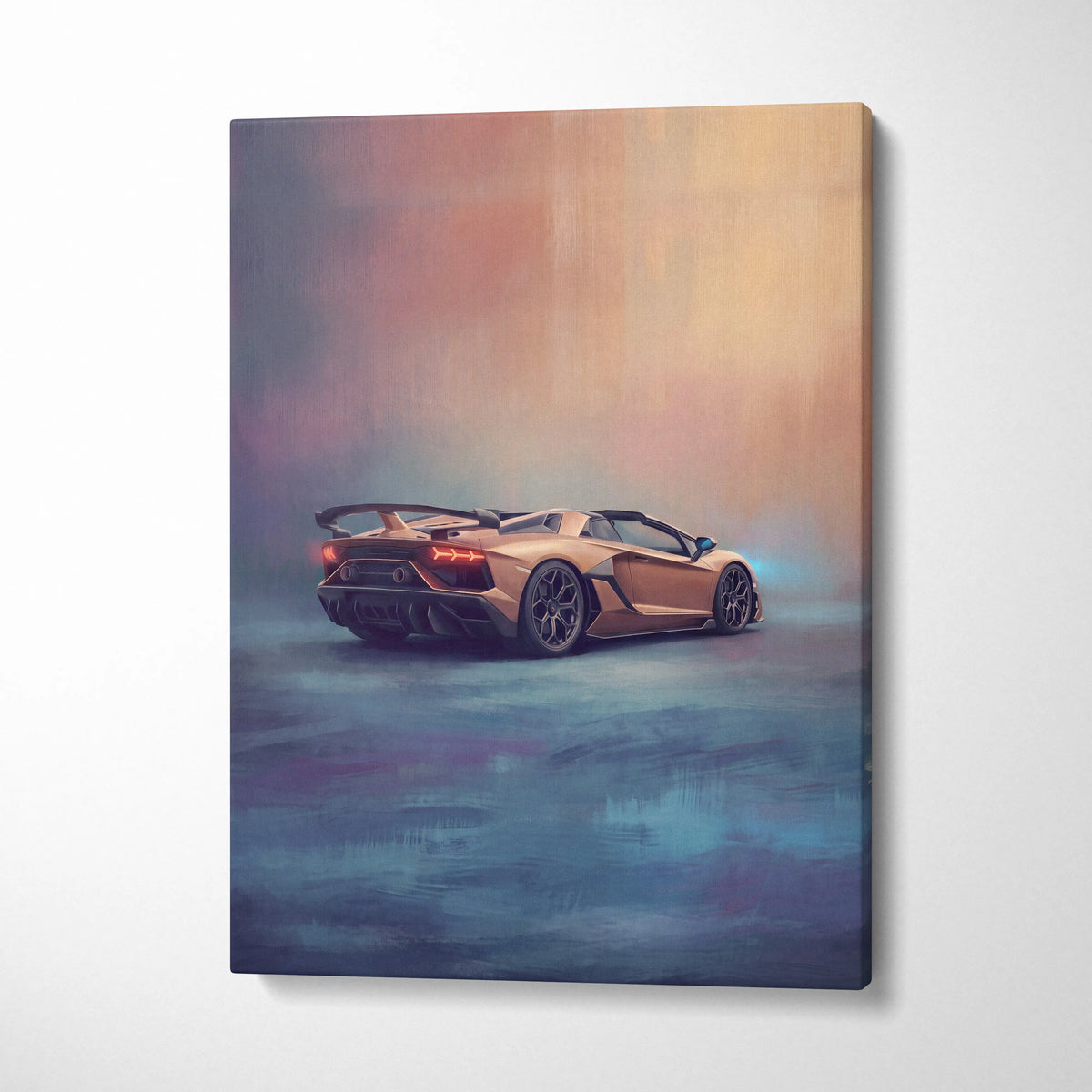 A canvas print of a golden Lamborghini Aventador SVJ Roadster with glowing red taillights against a dreamy sky