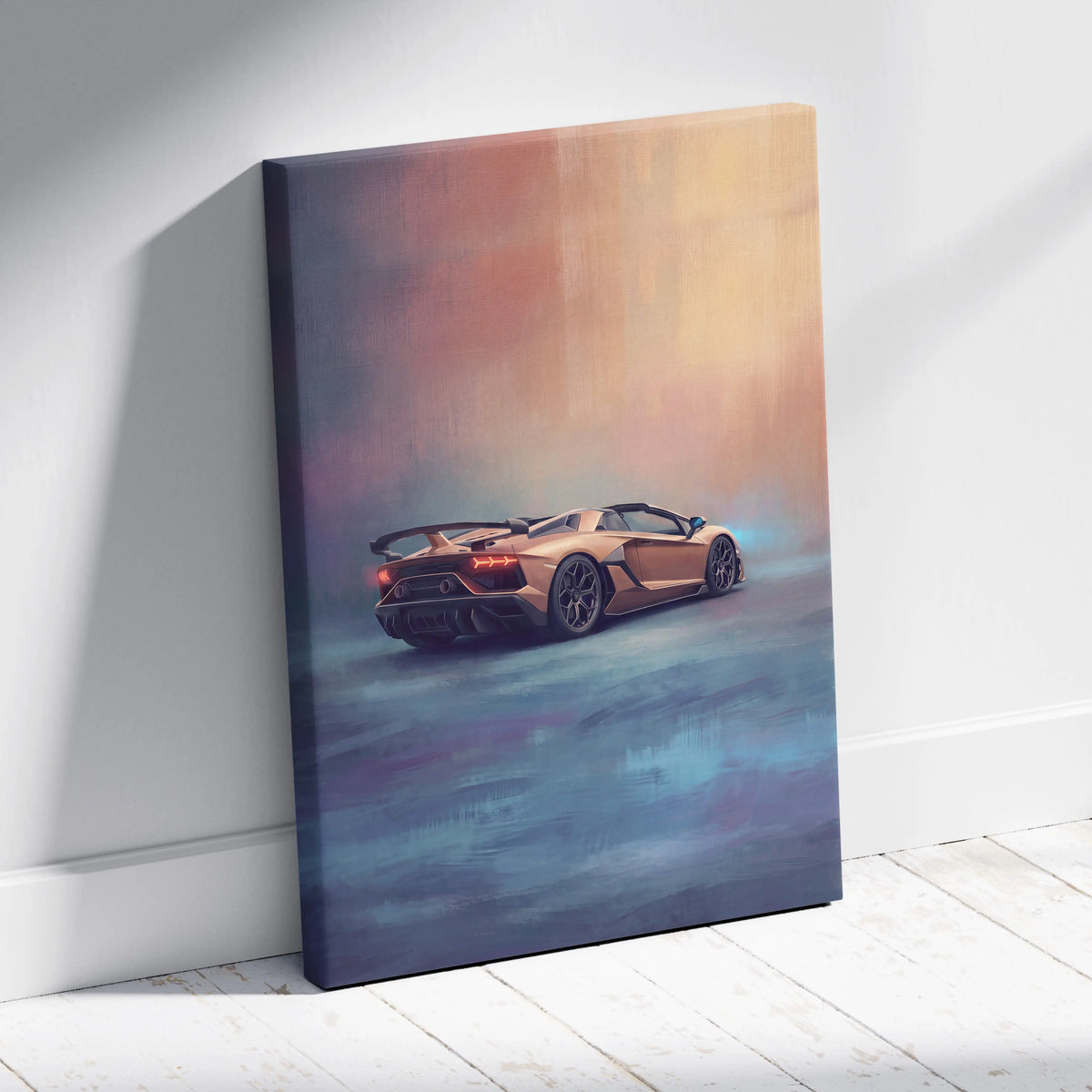 A canvas print of a golden lamborghini aventador sports car with glowing red taillights against a dreamy gradient sky