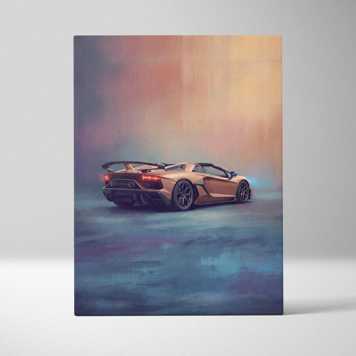Golden lamborghini aventador svj roadster inspired automotive wall art showing painterly sports car with glowing red taillights