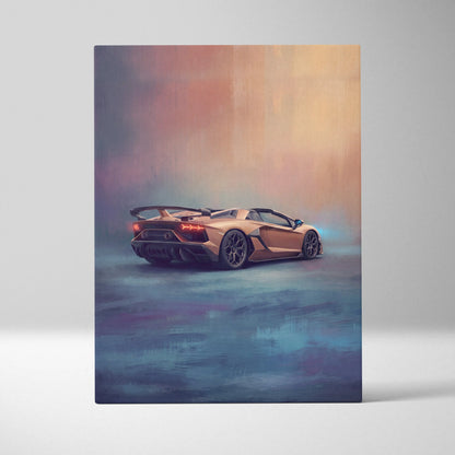 Golden lamborghini aventador svj roadster inspired automotive wall art showing painterly sports car with glowing red taillights