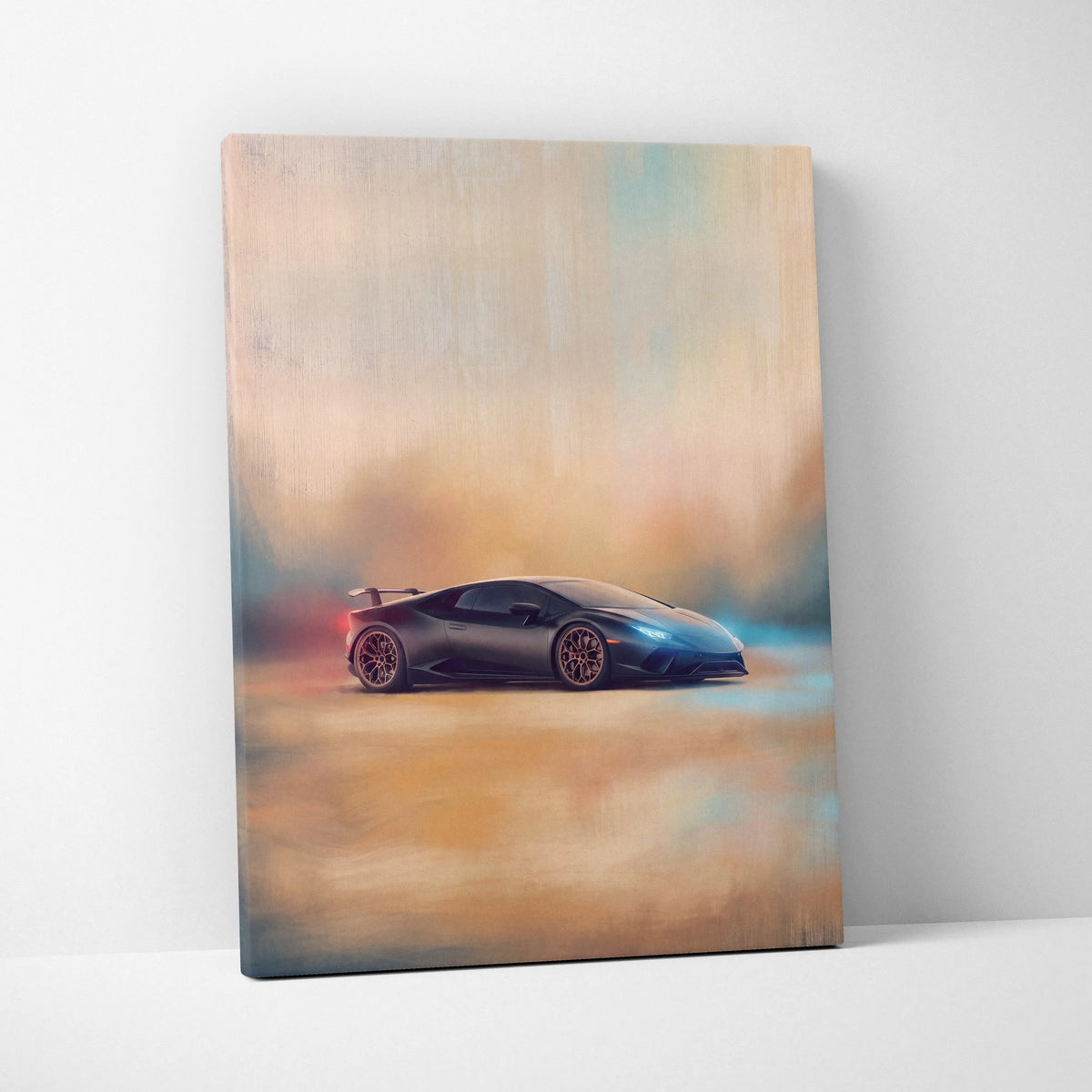 A sleek black Lamborghini Huracán STO inspired sports car on a smoky dynamic artistic canvas wall art print